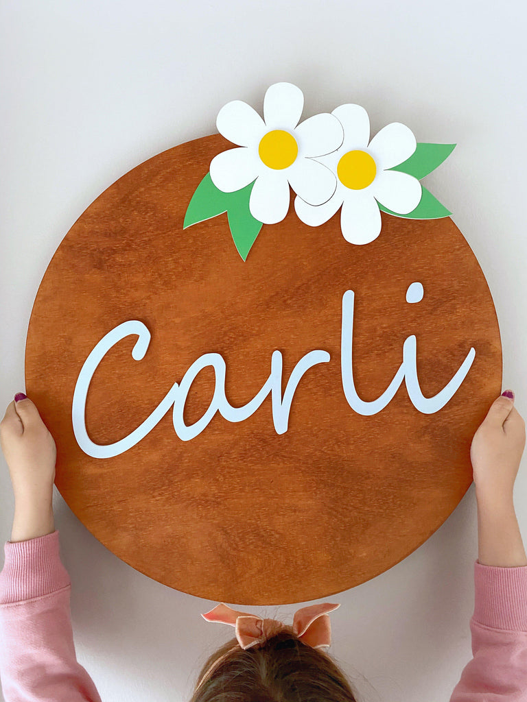 Round Name Plaque - Wooden Name & Flowers