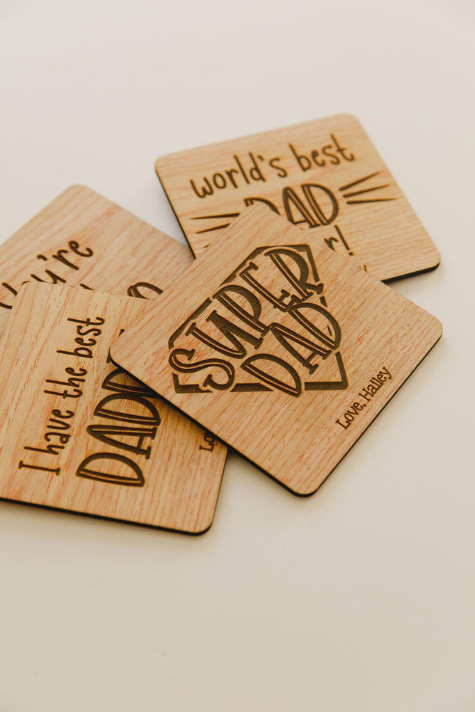 Four Wooden Coasters "Super Dad"