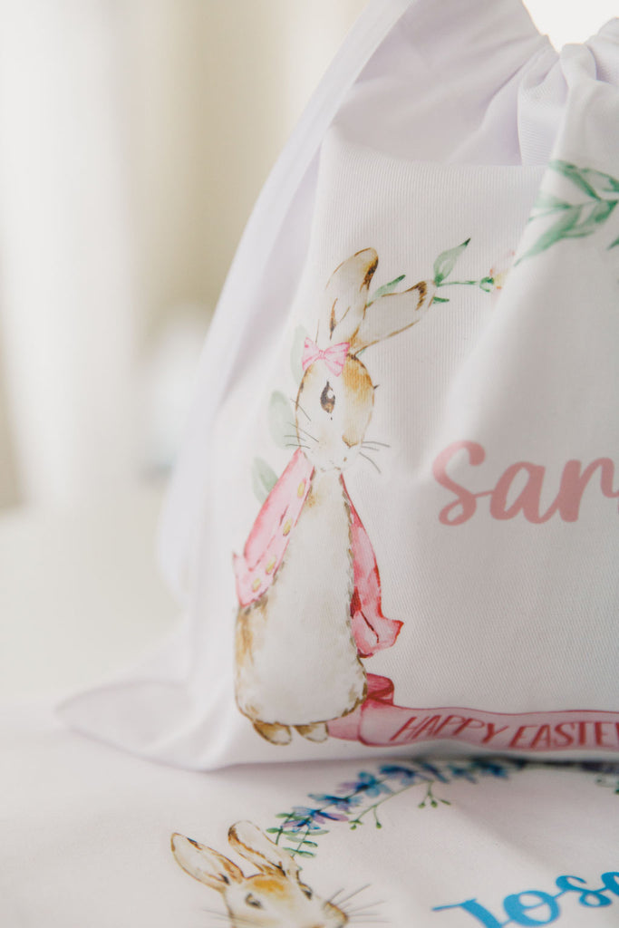 Personalised Easter Bag - Pink Peter Rabbit Wreath