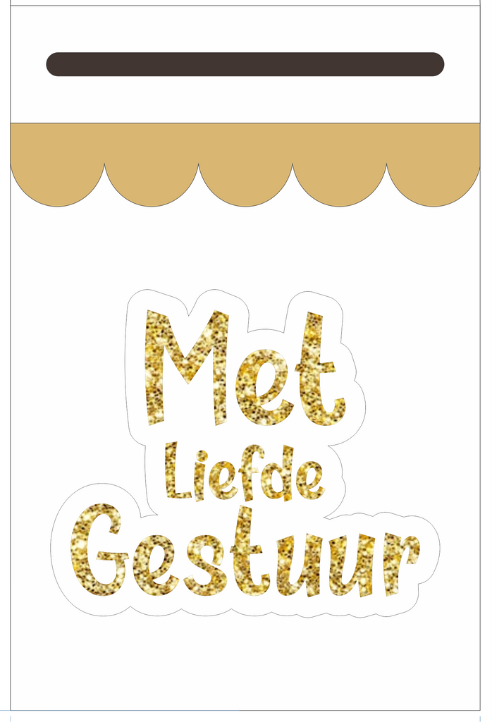 Letter box with gold text and scalloped detail