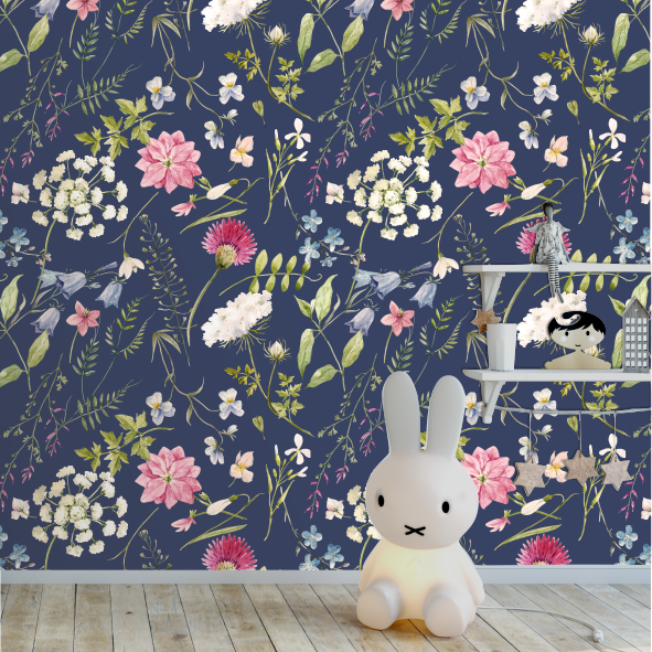 Deep Blue Florals Wallpaper-Wallpaper-Ma Petite