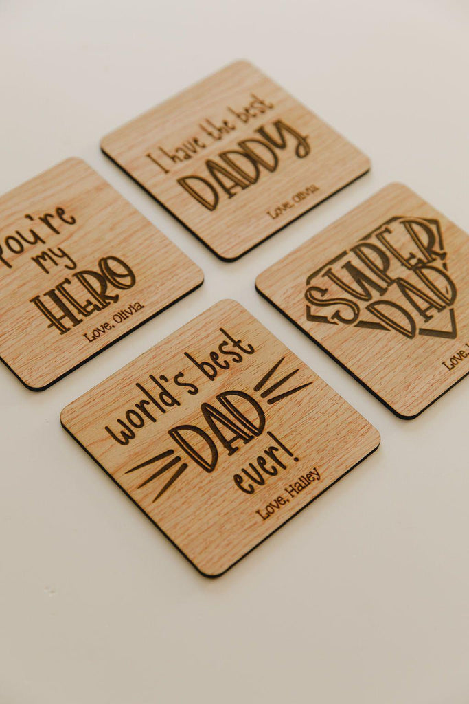 Four Wooden Coasters "Super Dad"