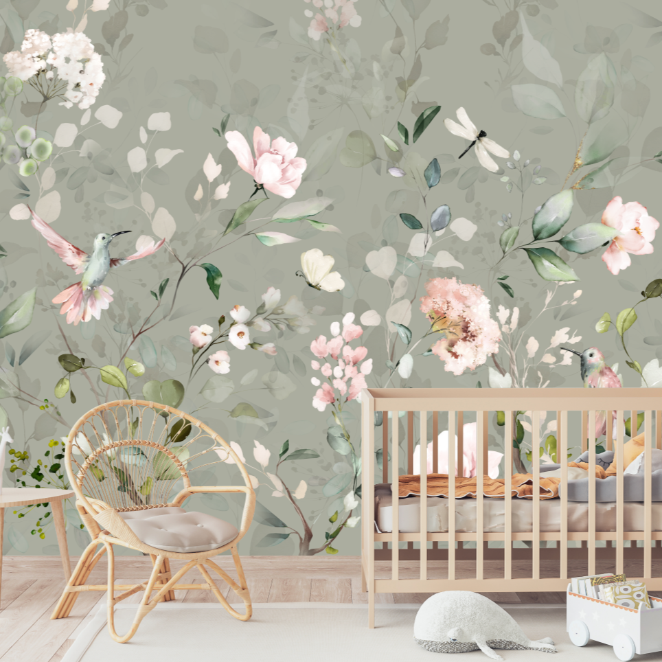 Soft Green Floral Garden Wallpaper-Wallpaper-Ma Petite