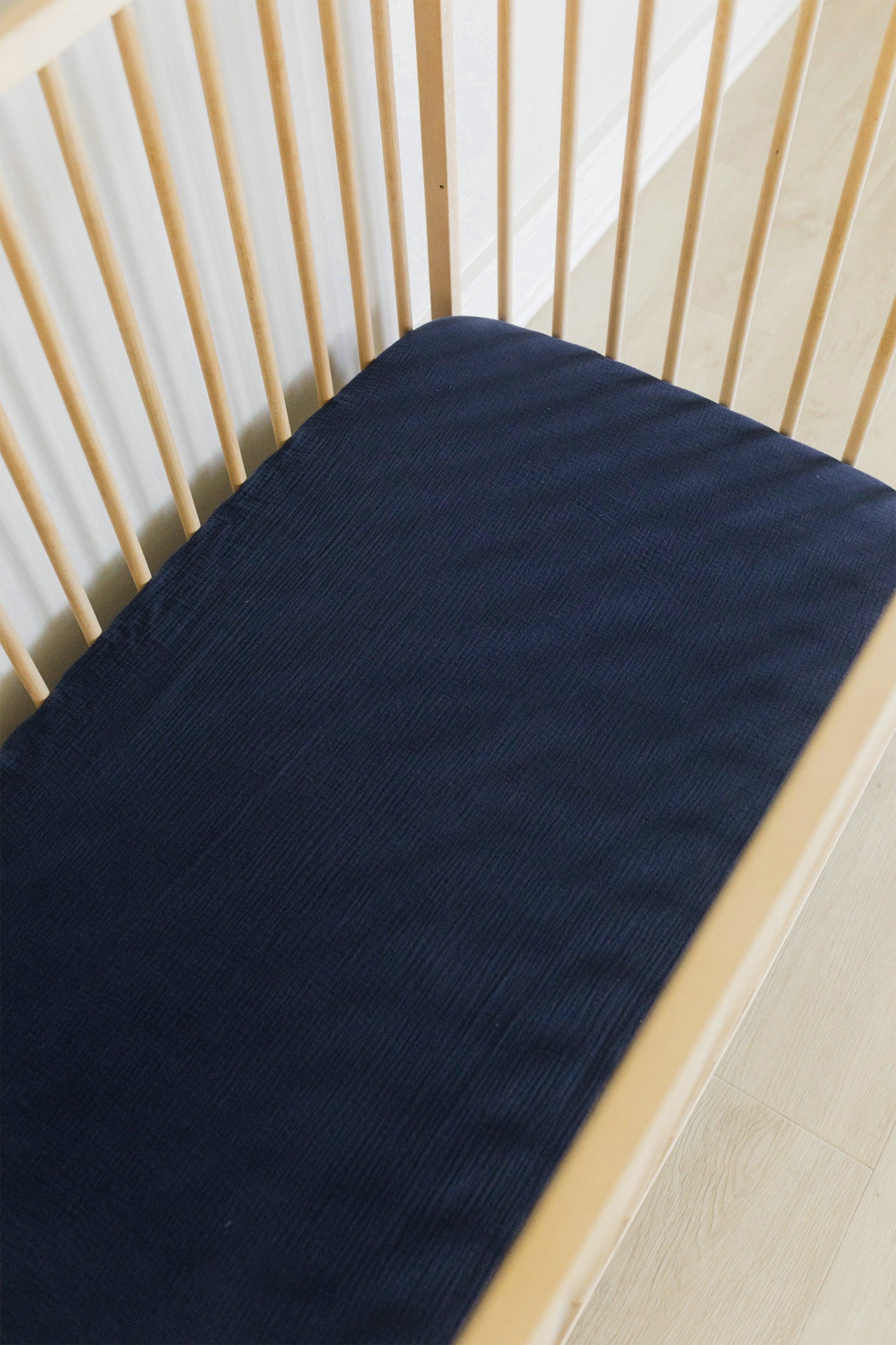 Navy Muslin Cot Fitted Sheet Ma Petite