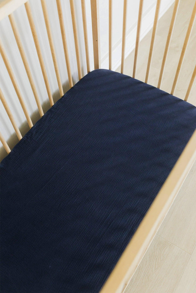 Navy Muslin Cot Fitted Sheet-Ma Petite