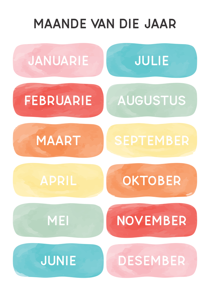 Watercolour Months of the Year- Afrikaans - Wall Art Print-Posters, Prints, & Visual Artwork-Ma Petite